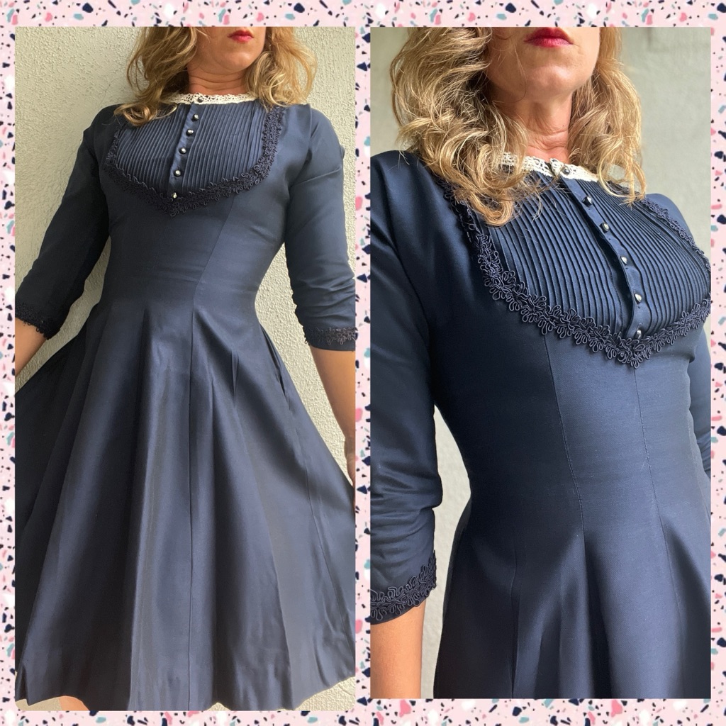 Vintage 1950s Fashioned By Smartcraft Navy Blue Fit And Flair Satin Dress Sz 2/4